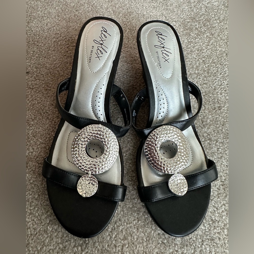 dexflex black with silver sandals, slip on, low wedge size 8.5
